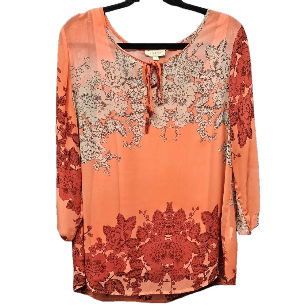 Adiva Floral & Flowy Peasant Layered Blouse Beautiful Coral Color Size XL